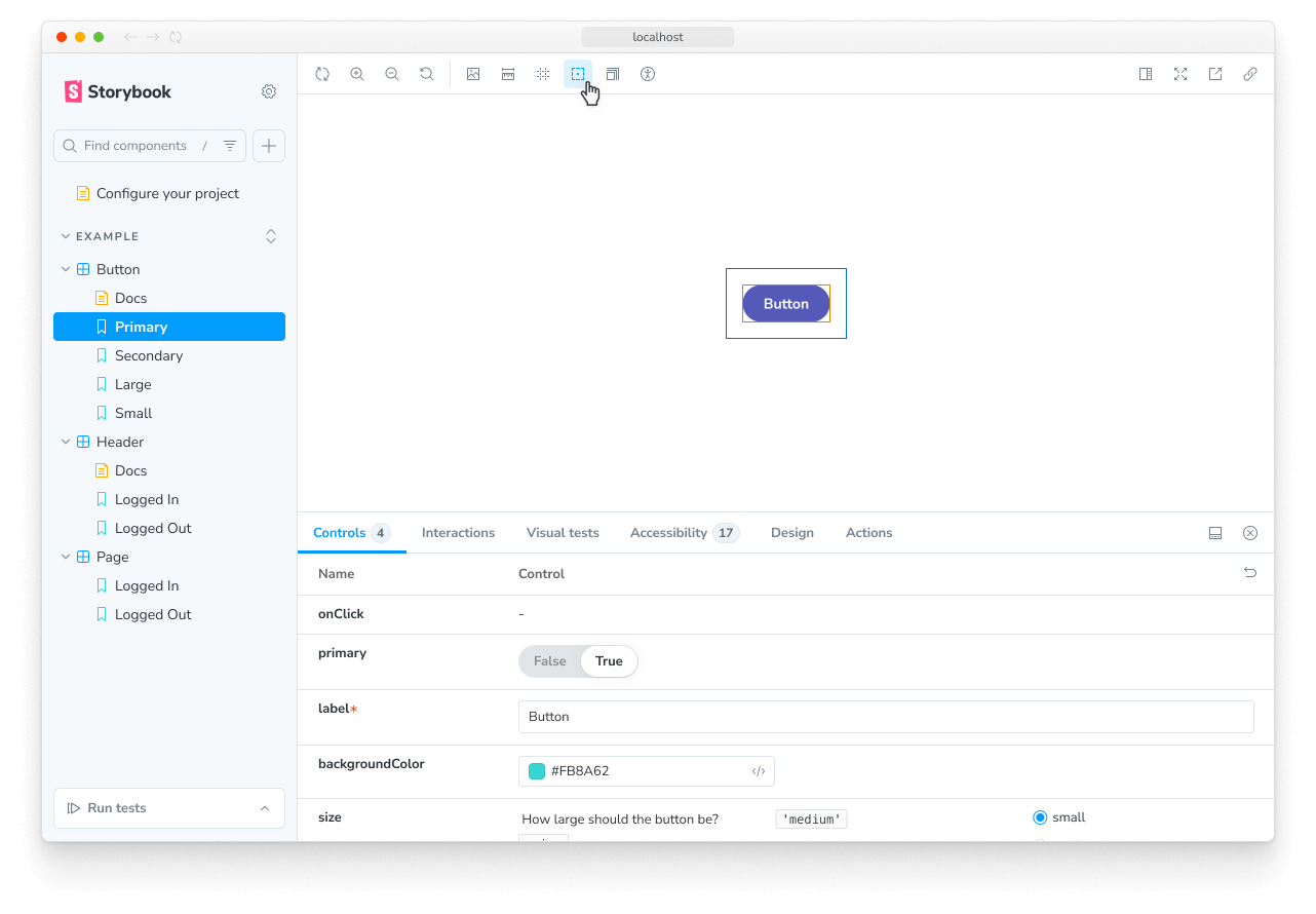 Outline feature enabled on the component's story